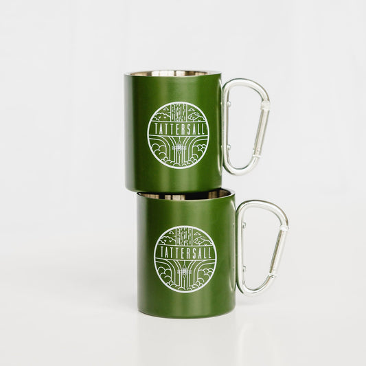 Green camping mug with carabener